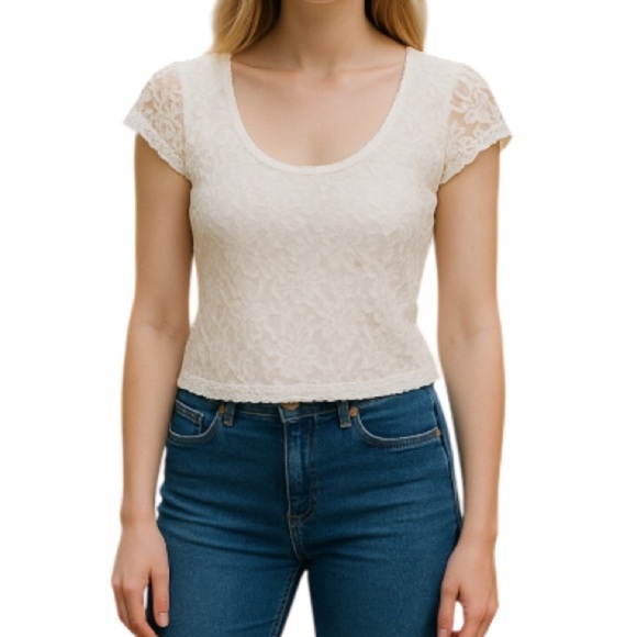 HOLLISTER Lace Overlay Crop T-Shirt Ivory White L - Picture 1 of 10